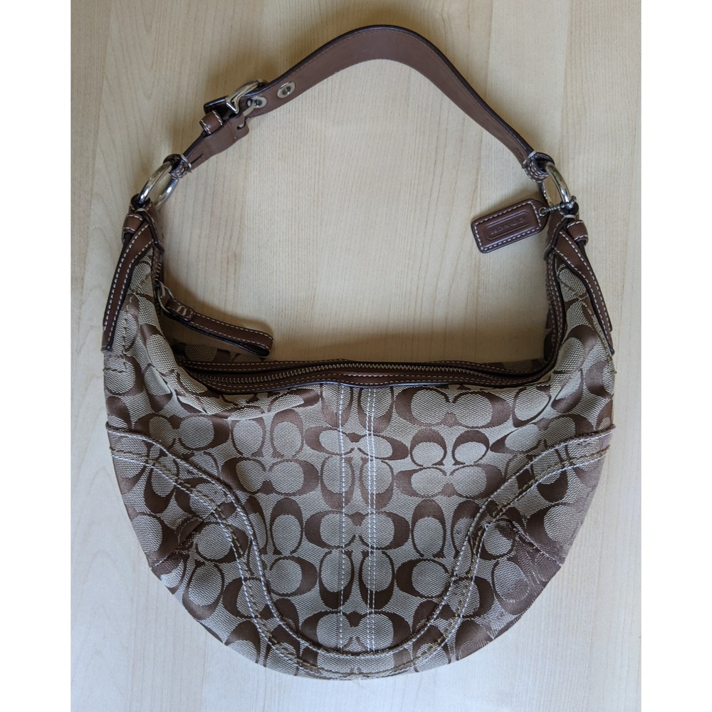 Vintage Coach Shoulder Bag Signature Monogram Jacquard Hang Tag Brown Canvas
